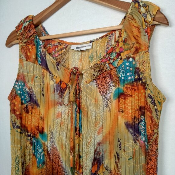 Dressbarn Shirt Large Sleeveless Pleated Button Up Orange Whimsical Forest Fairy - Picture 10 of 16